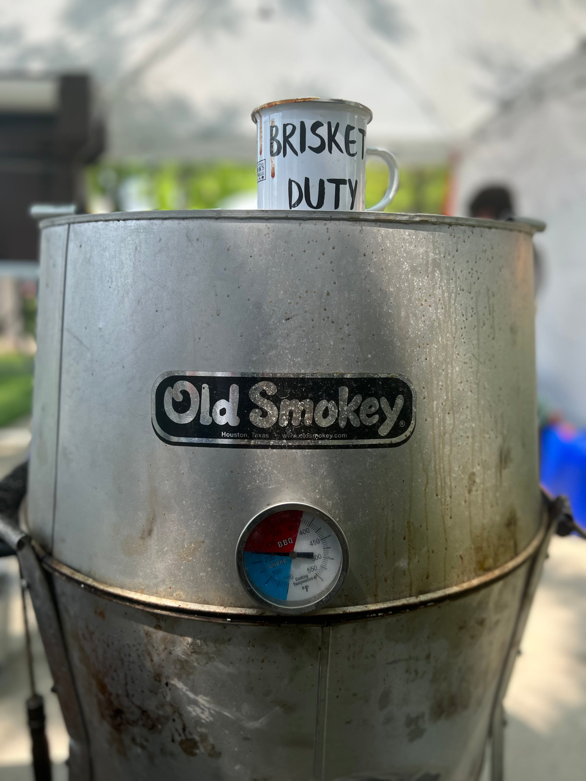 12 oz ‘Brisket Duty’ Enamel Mug by Hook’s Rub – a lightweight, durable, and multifunctional mug perfect for pitmasters during overnight smokes. Ideal for coffee, cocktails, or hot cheesy grits, it features a white coating with a silver rim and measures 3.14″ in height and 3.25″ in diameter. Hand-wash only; not dishwasher or microwave safe breakfast