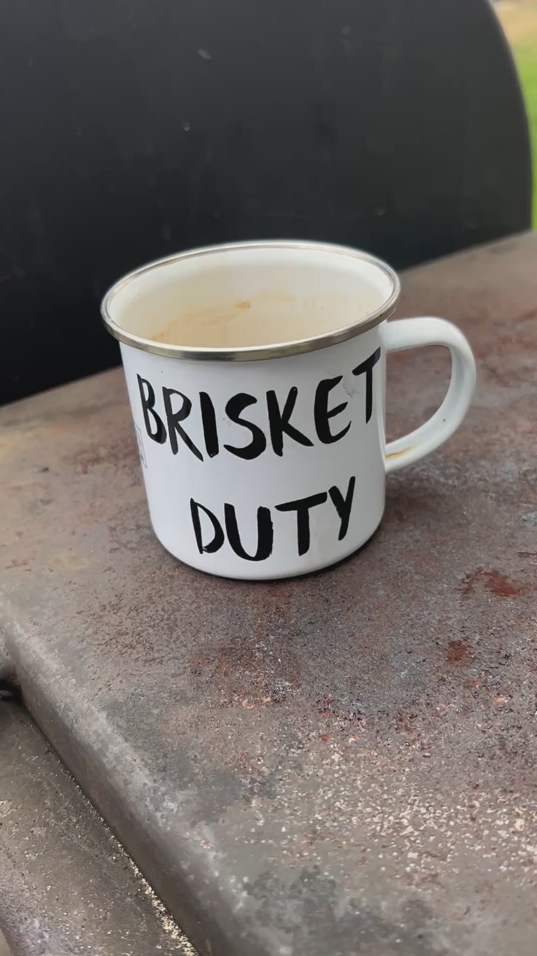 12 oz ‘Brisket Duty’ Enamel Mug by Hook’s Rub – a lightweight, durable, and multifunctional mug perfect for pitmasters during overnight smokes. Ideal for coffee, cocktails, or hot cheesy grits, it features a white coating with a silver rim and measures 3.14″ in height and 3.25″ in diameter. Hand-wash only; not dishwasher or microwave safe breakfast  smoker