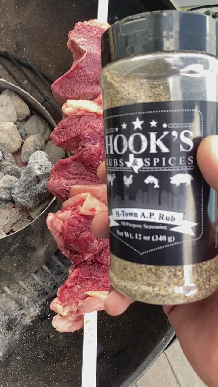 Picanha beef Brazilian churrasco H-Town A.P. Rub 12 oz – a bold all-purpose SPG (Salt, Pepper, Garlic) seasoning blend perfect for beef, pork, chicken, and vegetables. Inspired by Houston Southeast Texas BBQ flavors, this versatile rub enhances grilled, smoked, and roasted dishes with a savory kick, creating a flavorful crust and rich taste. Gluten-free, nut-free, soy-free, wheat-free, dairy-free, seafood-free, shellfish-free