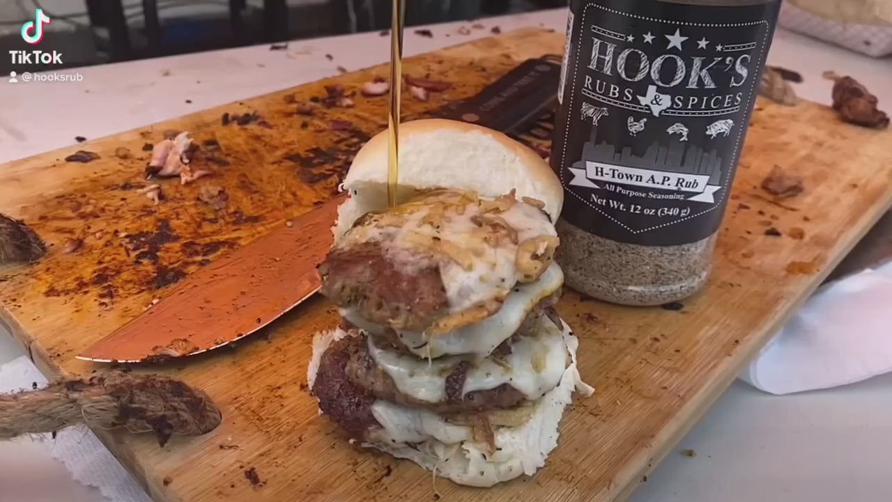 Ribeye beef breakfast sandwich H-Town A.P. Rub 12 oz – a bold all-purpose SPG (Salt, Pepper, Garlic) seasoning blend perfect for beef, pork, chicken, and vegetables. Inspired by Houston Southeast Texas BBQ flavors, this versatile rub enhances grilled, smoked, and roasted dishes with a savory kick, creating a flavorful crust and rich taste. Gluten-free, nut-free, soy-free, wheat-free, dairy-free, seafood-free, shellfish-free
