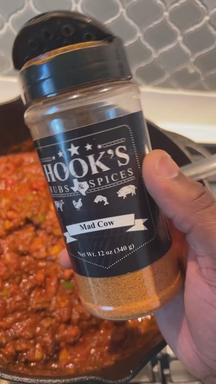MAD COW Beef & Burgers Seasoning 12 oz – a bold blend of salty, spicy, and tangy flavors, perfect for enhancing beef dishes like burgers, brisket, steaks, and ribs. Versatile enough to add a kick to eggs, popcorn, and French fries. Gluten-free, keto-friendly, all-natural, and crafted in small batches brisket Texas chili