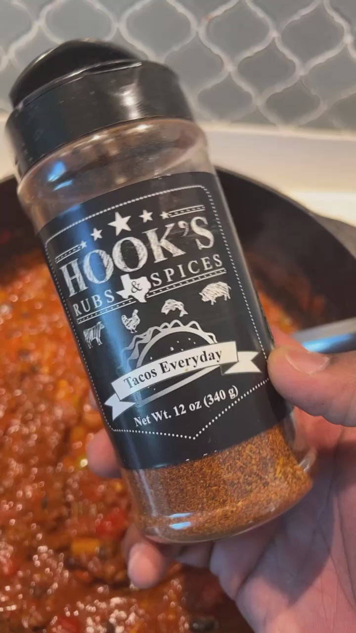 Tacos Everyday - Tex-Mex Seasoning 12 oz – a handcrafted blend that adds authentic Tex-Mex flair to any dish. Perfect for seasoning meats and vegetables in tacos, fajitas, nachos, and quesadillas. Also ideal for rimming margarita glasses or spicing up Micheladas. Allergy-friendly, gluten-free, keto-friendly, all-natural, and produced in small batches pit barrel chili