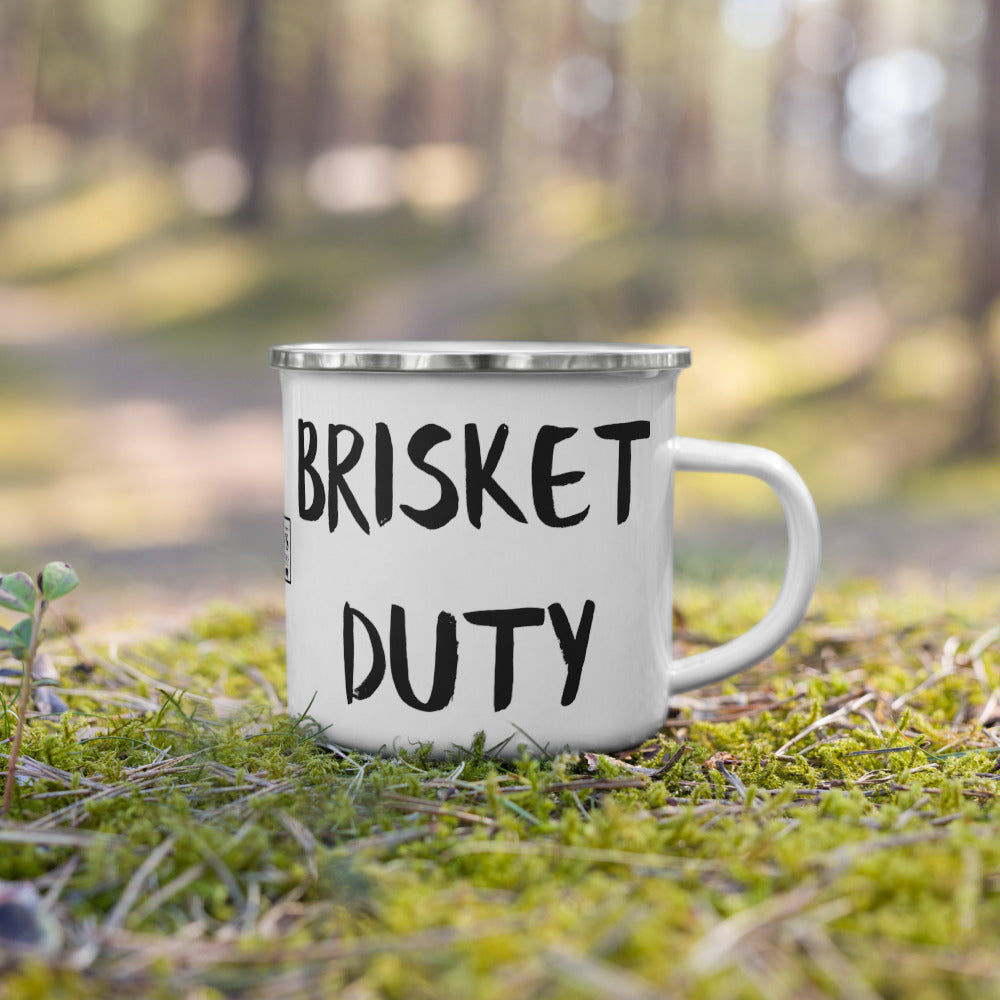 12 oz ‘Brisket Duty’ Enamel Mug by Hook’s Rub – a lightweight, durable, and multifunctional mug perfect for pitmasters during overnight smokes. Ideal for coffee, cocktails, or hot cheesy grits, it features a white coating with a silver rim and measures 3.14″ in height and 3.25″ in diameter. Hand-wash only; not dishwasher or microwave safe breakfast