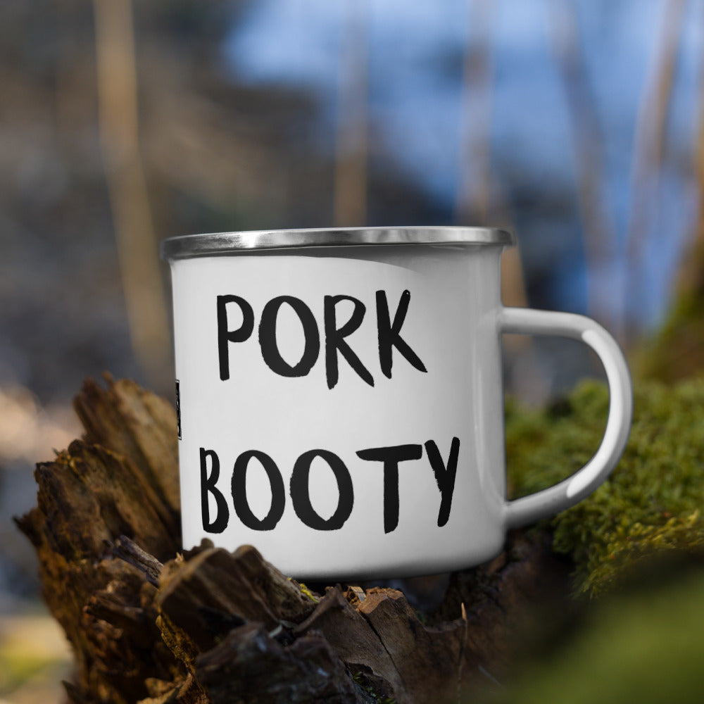 12 oz ‘Pork Booty’ Enamel Mug by Hook’s Rub – a ceramic coffee mug perfect for pulled pork enthusiasts and pitmasters enduring long smokes. Lightweight, durable, and multifunctional, it’s ideal for coffee, cocktails, or hot cheesy grits. Features a white coating with a silver rim, measuring 3.14″ in height and 3.25″ in diameter. Hand-wash only; avoid heating liquids or food directly in the mug to prevent coating damage breakfast pancakes waffles crepes