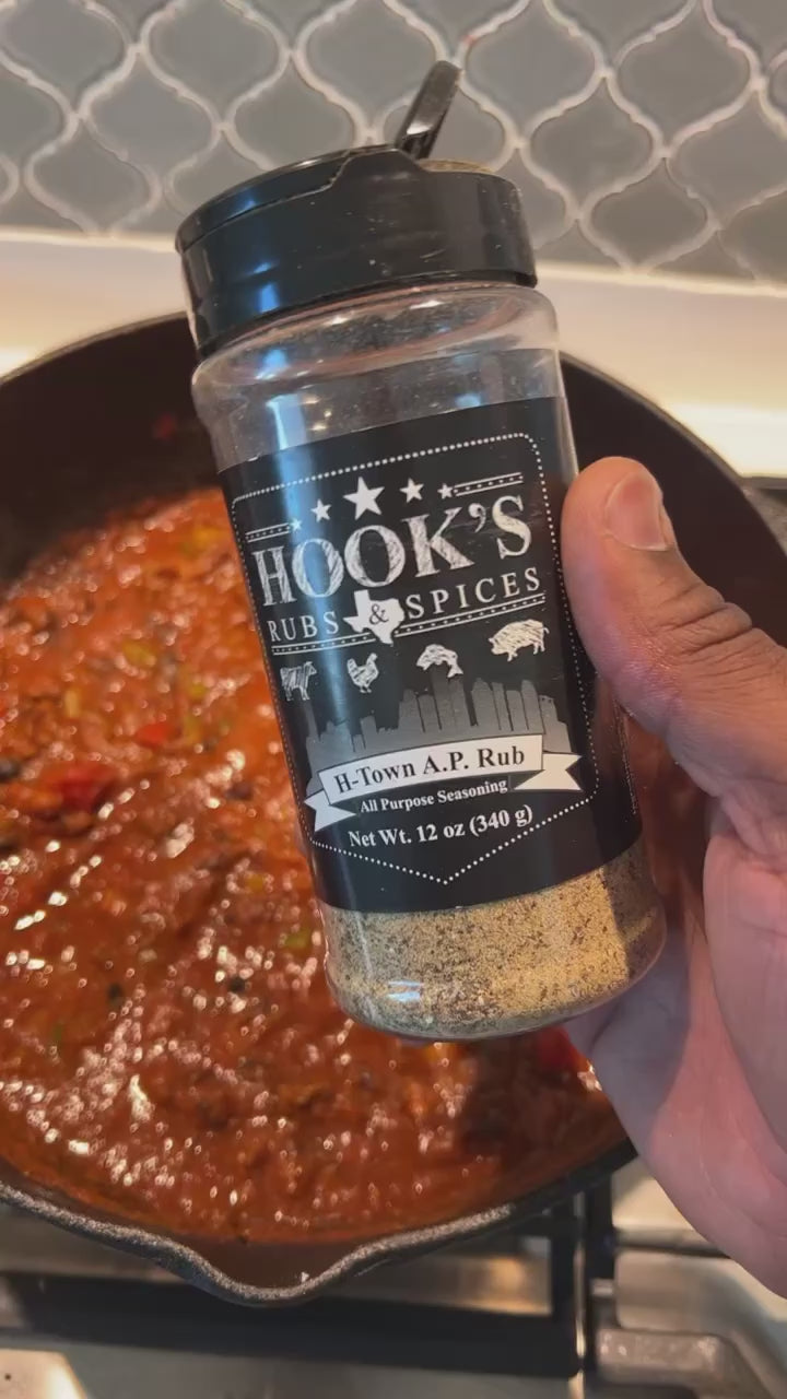 Chili Ribeye beef H-Town A.P. Rub 12 oz – a bold all-purpose SPG (Salt, Pepper, Garlic) seasoning blend perfect for beef, pork, chicken, and vegetables. Inspired by Houston Southeast Texas BBQ flavors, this versatile rub enhances grilled, smoked, and roasted dishes with a savory kick, creating a flavorful crust and rich taste. Gluten-free, nut-free, soy-free, wheat-free, dairy-free, seafood-free, shellfish-free