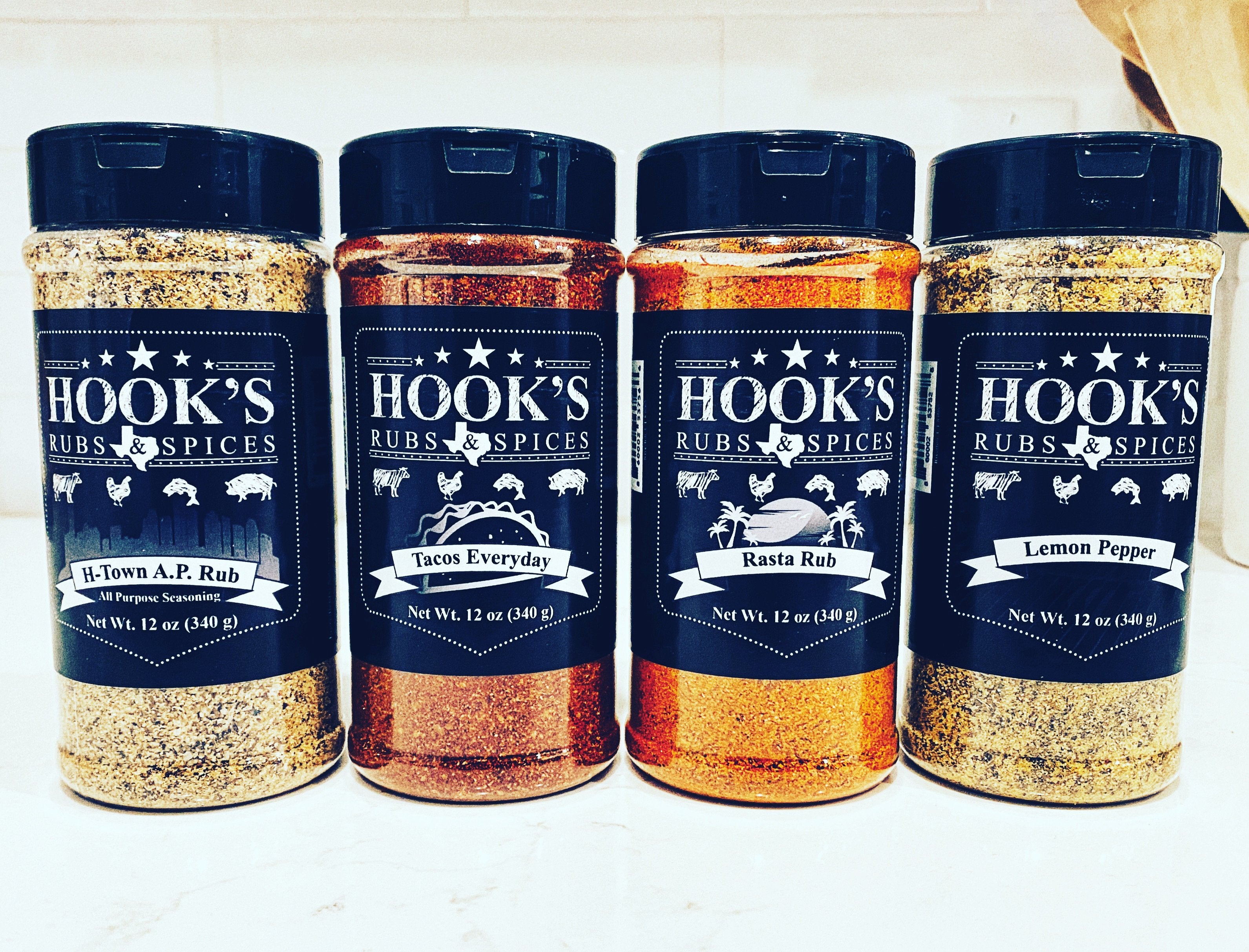 Combo 4 Pack of Hook’s Rub - H-Town AP Rub, Tacos Everyday, Rasta Rub & Lemon Pepper